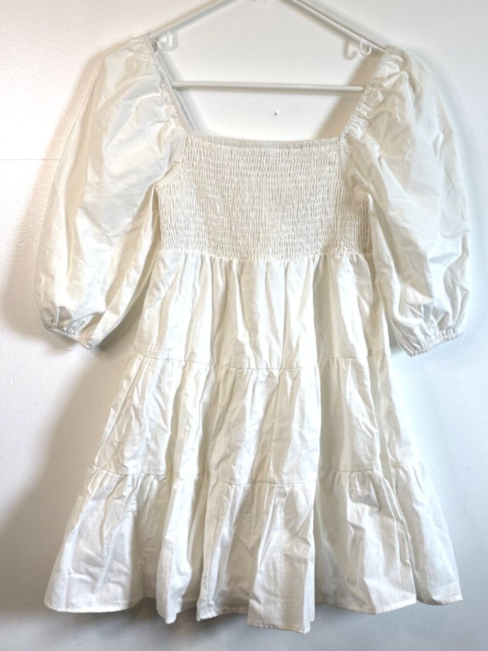 Hyfve White Cotton Smocked Short Tiered Dress 3/4 Puff Sleeve Women's S